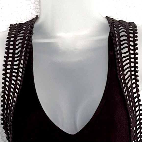 EUC Robin Piccone crochet black racer-back sleeveless flare dress w/ shelf bra - Picture 3 of 5